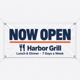 White vinyl banner reading Now Open for Harbor Grill restaurant with grommets