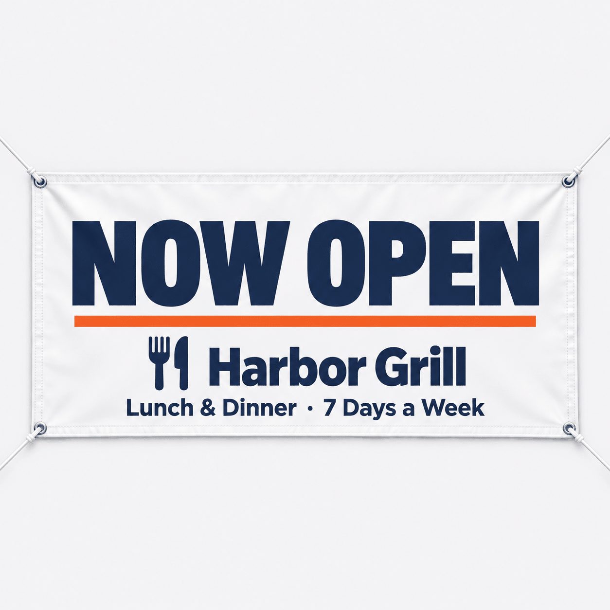 White vinyl banner reading Now Open for Harbor Grill restaurant with grommets