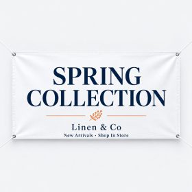 White fabric banner with navy text reading Spring Collection for a boutique