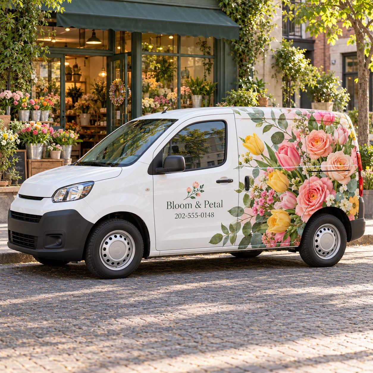 White delivery van with a partial floral vinyl wrap and shop name on the door, parked outside a flower shop