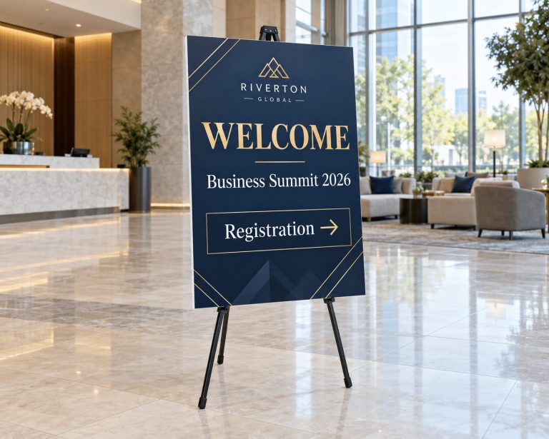 Foam board welcome sign for a business summit in a hotel lobby