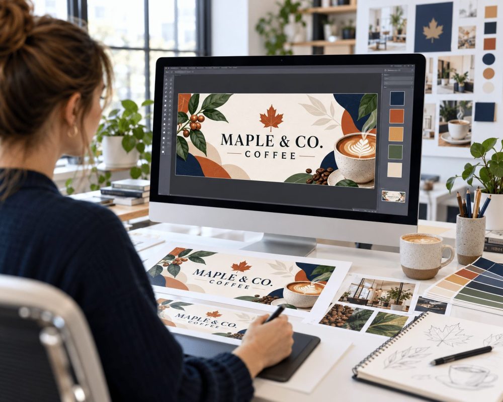 Designer creating a custom coffee shop banner design on a computer