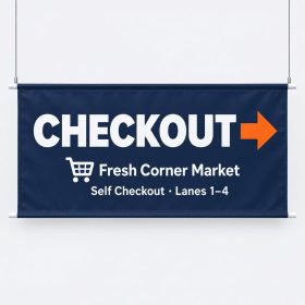 Navy indoor hanging banner with top and bottom pole pockets reading Checkout
