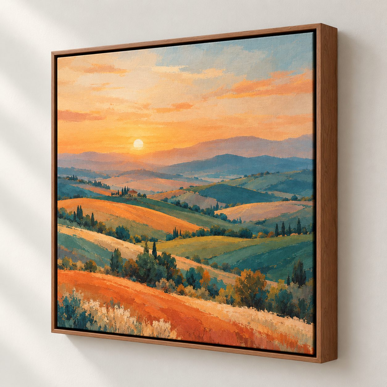 Landscape canvas print in a pecan wood floating frame hanging on a wall