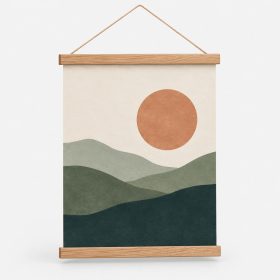 Poster hanging in a magnetic oak wood frame hanger with top and bottom wooden bars and a string hanger