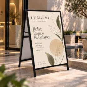 Black metal A-frame sidewalk sign with a spa and wellness poster outside a storefront