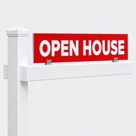 Red Open House real estate sign rider mounted on a white sign post