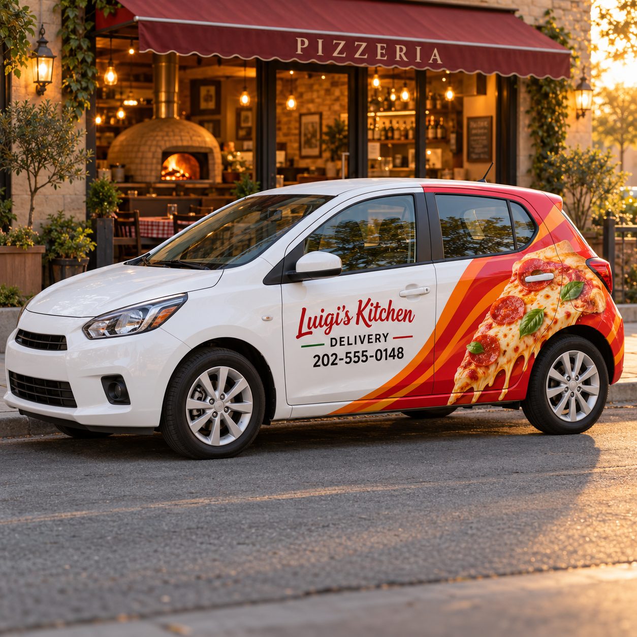 White hatchback with a red and orange pizza vinyl graphic on the rear door and DELIVERY lettering, parked outside a pizzeria