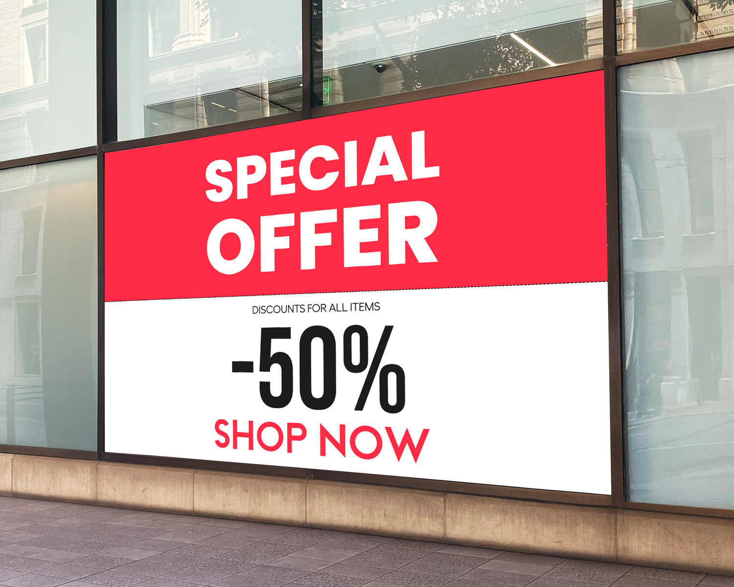Special Offer 50% off premium vinyl decal applied to a storefront window