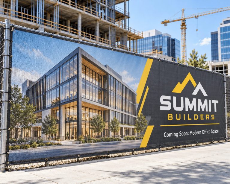 Printed mesh fence wrap on a construction site fence