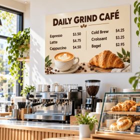 Printed PVC menu board on a cafe wall
