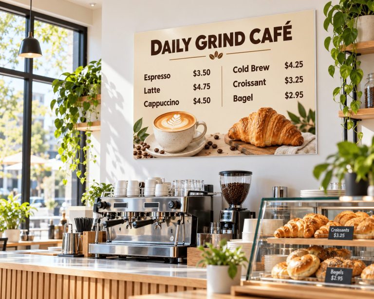 Printed PVC menu board on a cafe wall