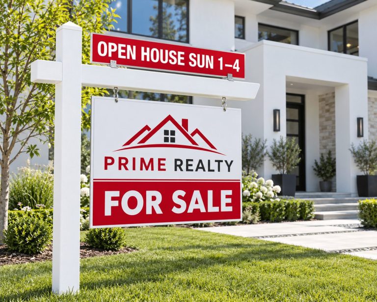 Open house sign rider on a real estate for sale sign