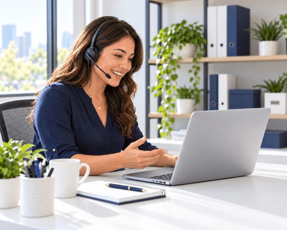 Friendly customer service representative with a headset helping a customer