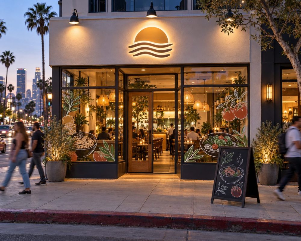 Restaurant storefront at dusk with illuminated logo sign, window graphics and a chalkboard A-frame sidewalk sign