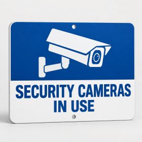 Security Cameras In Use sign with a blue camera icon