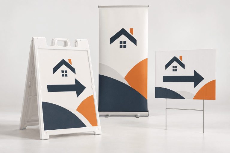 Real estate A-frame sign, roll-up banner and yard sign