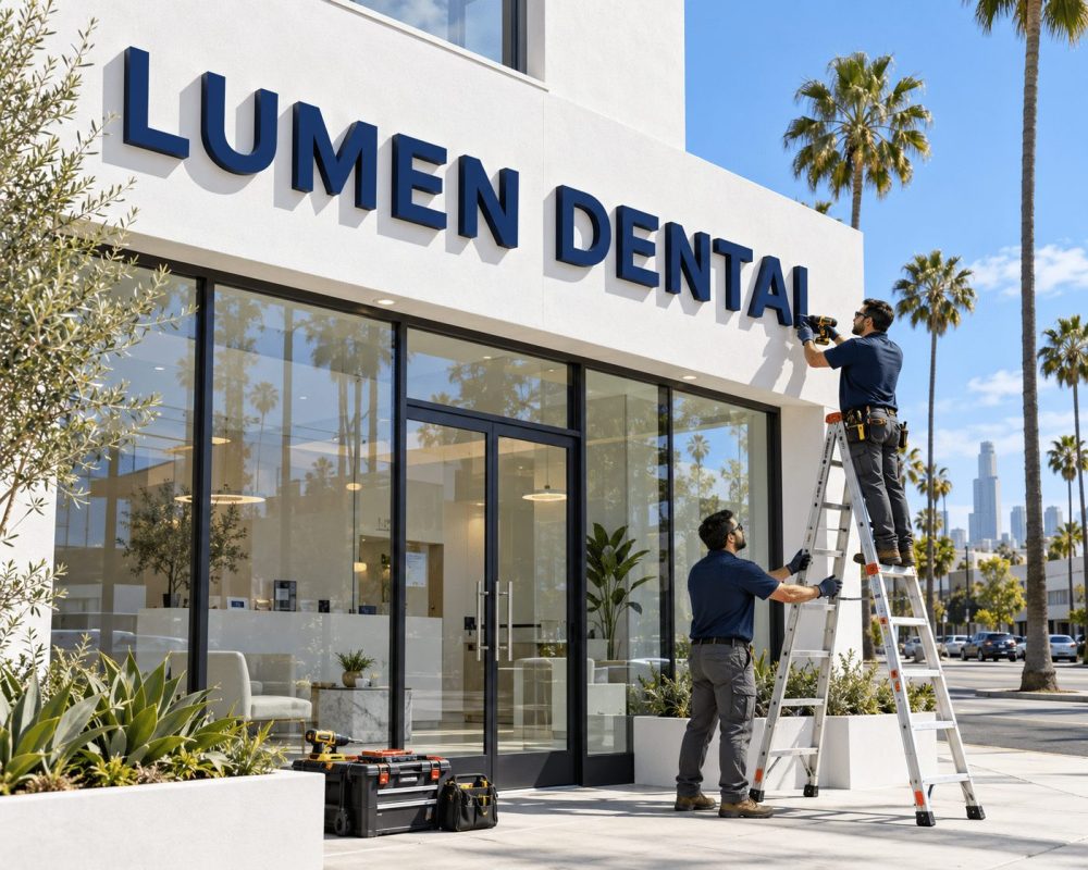 Installers mounting a dimensional storefront sign in Los Angeles