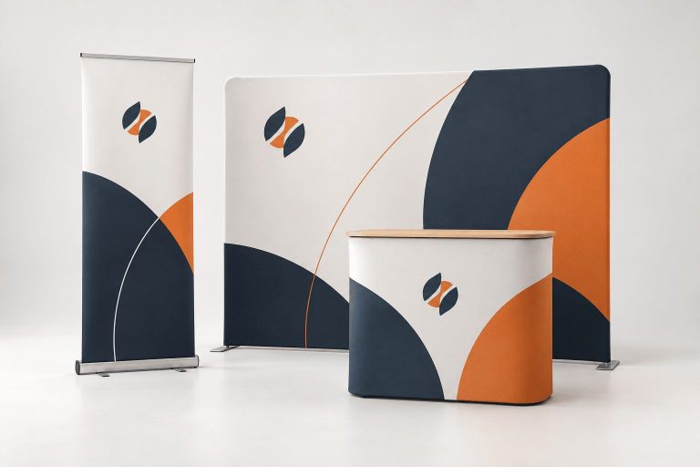 Trade show display with roll-up banner, fabric backdrop and printed counter