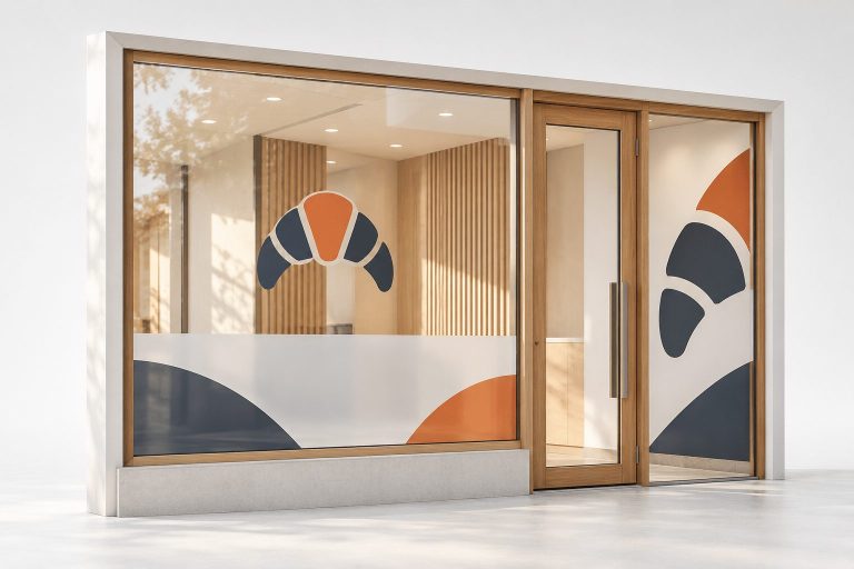 Bakery storefront with window decals and frosted window graphics
